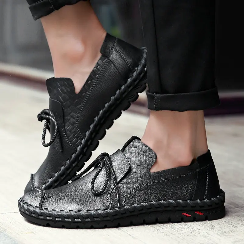 

Genuine Leather Casual Shoes Men Soft Loafers Moccasins Comfortable Basic Flats Men Handmade Brand Footwear Big Size 48 XZ-074