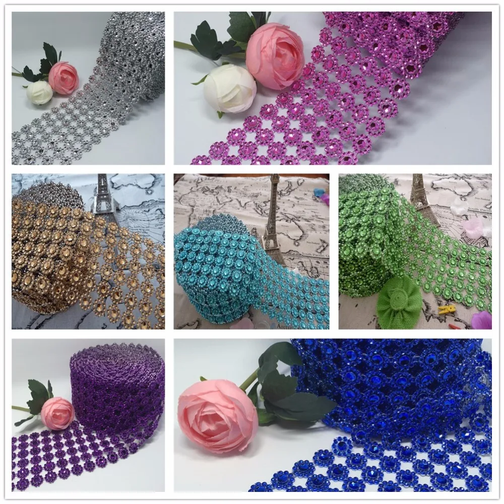 

Free Shipping 6rows 3.75"x1Yard Flower Diamond Rhinestone Mesh Wedding Cake Accessories Crystal Wrap Trim Ribbon Supplies