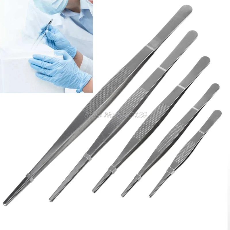 

5 Sizes Toothed Tweezers Barbecue Stainless Steel Long Food Tongs Straight Home Medical Tweezer Garden Kitchen BBQ Tool DropShip