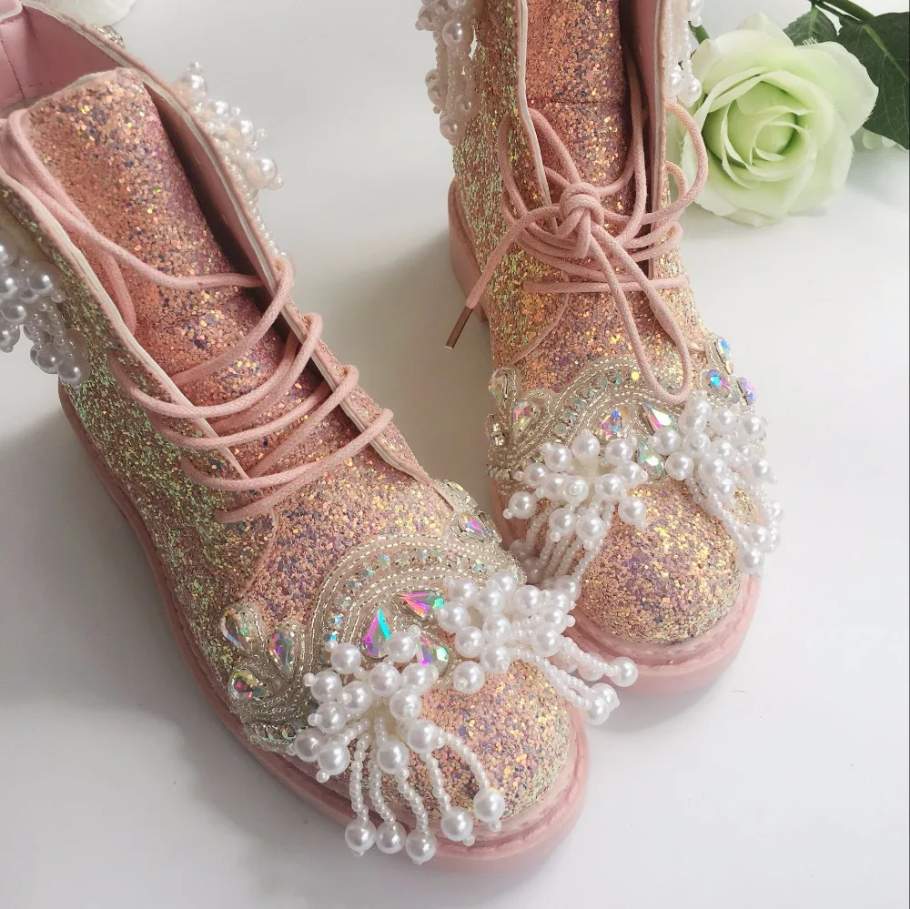 Роскошная обувь; свадебные ботинки для невесты; обувь принцессы с блестками и жемчугом; Очаровательная Женская обувь; сезон осень-зима; Яркая обувь с украшением в виде кристаллов