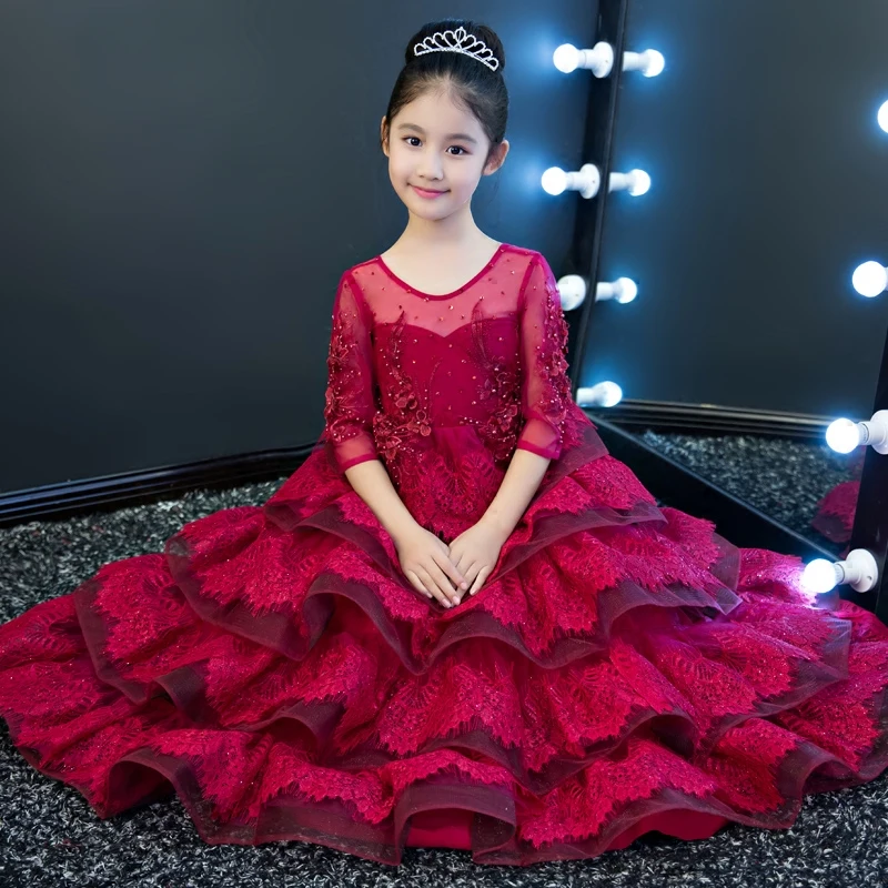 

Gorgeous Red Flower Girl Dresses Wedding Lace Up Ball Gown Holy Communion Dress Embroidery Beading Princess Dress Birthday Party