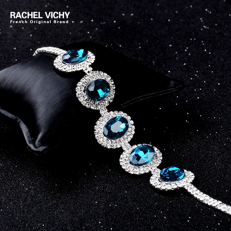 RACHEL VICHY овальные блестки Морской голубой кристалл камень браслет Цветочный