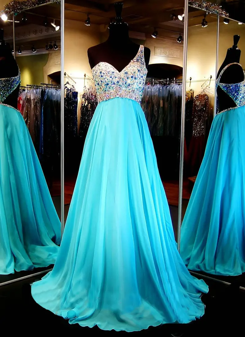 Aqua Prom Gowns Evening Formal Dresses One Shoulder Floor Length Cheap Party Dresses Open Back