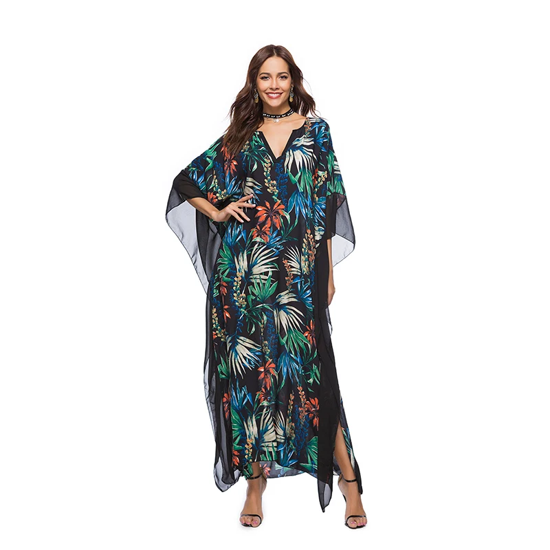 Hot Sexy Chiffon Print Dress Bat Sleeve V Neck Abaya Long Robe Gowns ...