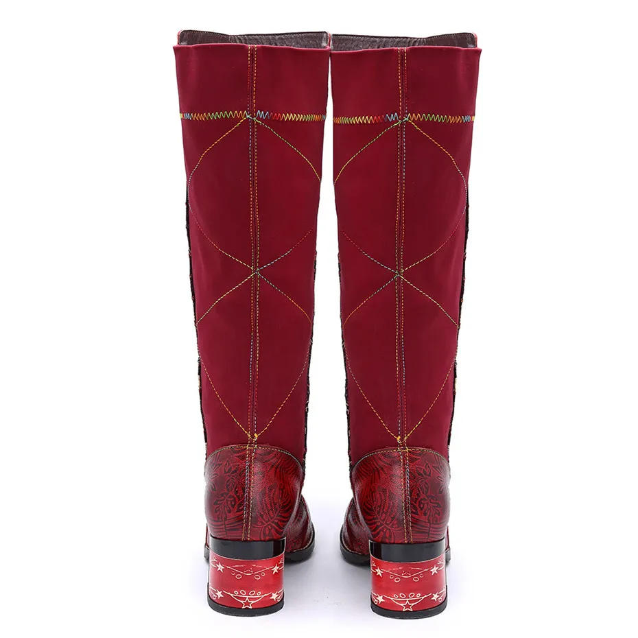 Handmade Genuine Leather Knee High Boots Women Shoes Vintage Patchwork Lady Embroider Shoes Zipper Heels Spring Autumn Boots New (2)