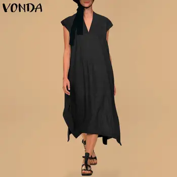 

Vintage Dress Women VONDA 2020 Summer Sexy V Neck Short Sleeve Split Casual Loose Long Party Dresses Vestidos Plus Size