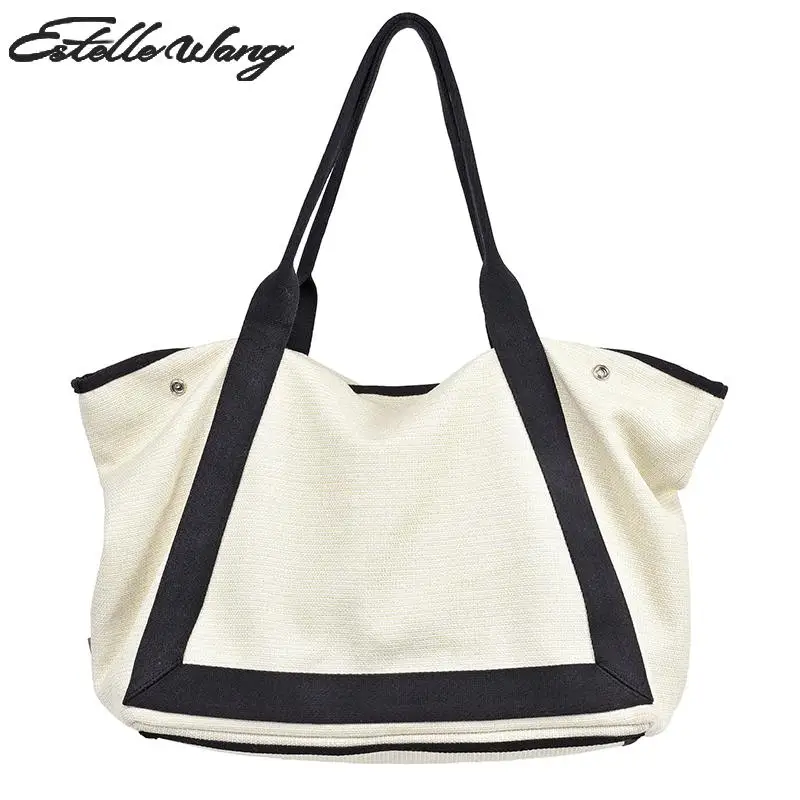 

Estelle Wang Casual Splicing Design Tote Women Linen Large Capacity Shoulder Bags European Cotton Hemp Simple Handbag