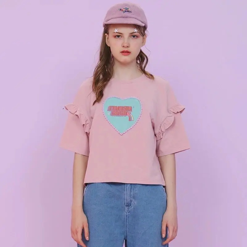 Fashion Loose Women Tee Shirt Tops Short Sleeve Cute Ruffles Oneck Ladies T Shirt Summer New