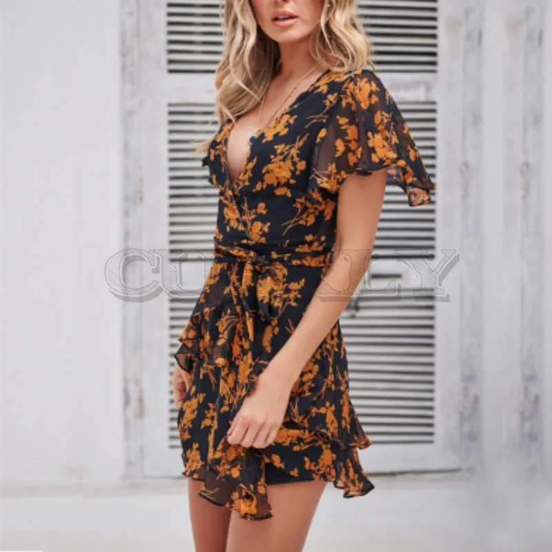 

CUERLY V-Neck Beach Floral Print Ruffles Mini Casual Dress Women Summer Flying Sleeve Sundress Chiffon Bow Tie Sashes Dresses