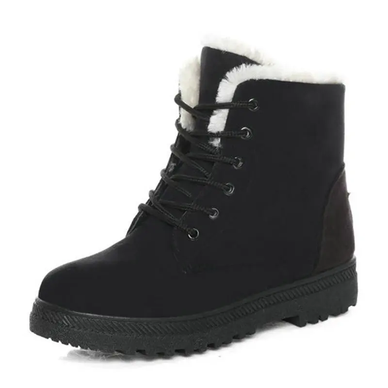 

2018 New Fashion Women's Winter Short Boots Sheepskin Thickened Fur Shoes Keep Botas Mujer Lace Up Flock Warm Ankle Snow Boots