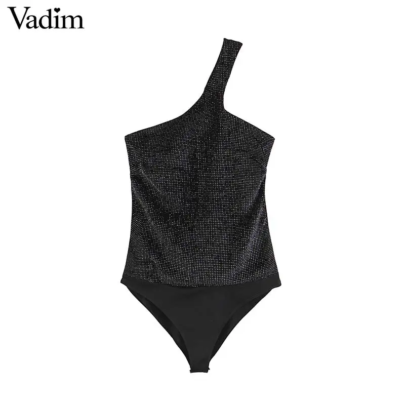 

Vadim women sexy one shoulder velvet bodysuits faux diamond backless spaghetti straps playsuits female shiny black tops KA746