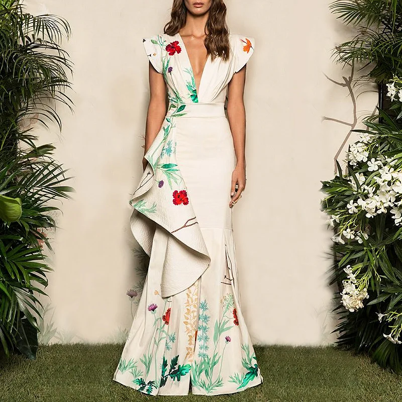 

Elegant Print Flora Women Dress Summer 2019 Sexy Dreep V Neck Maxi Party Dress Evening White Long Ruffle Ladies Dresses