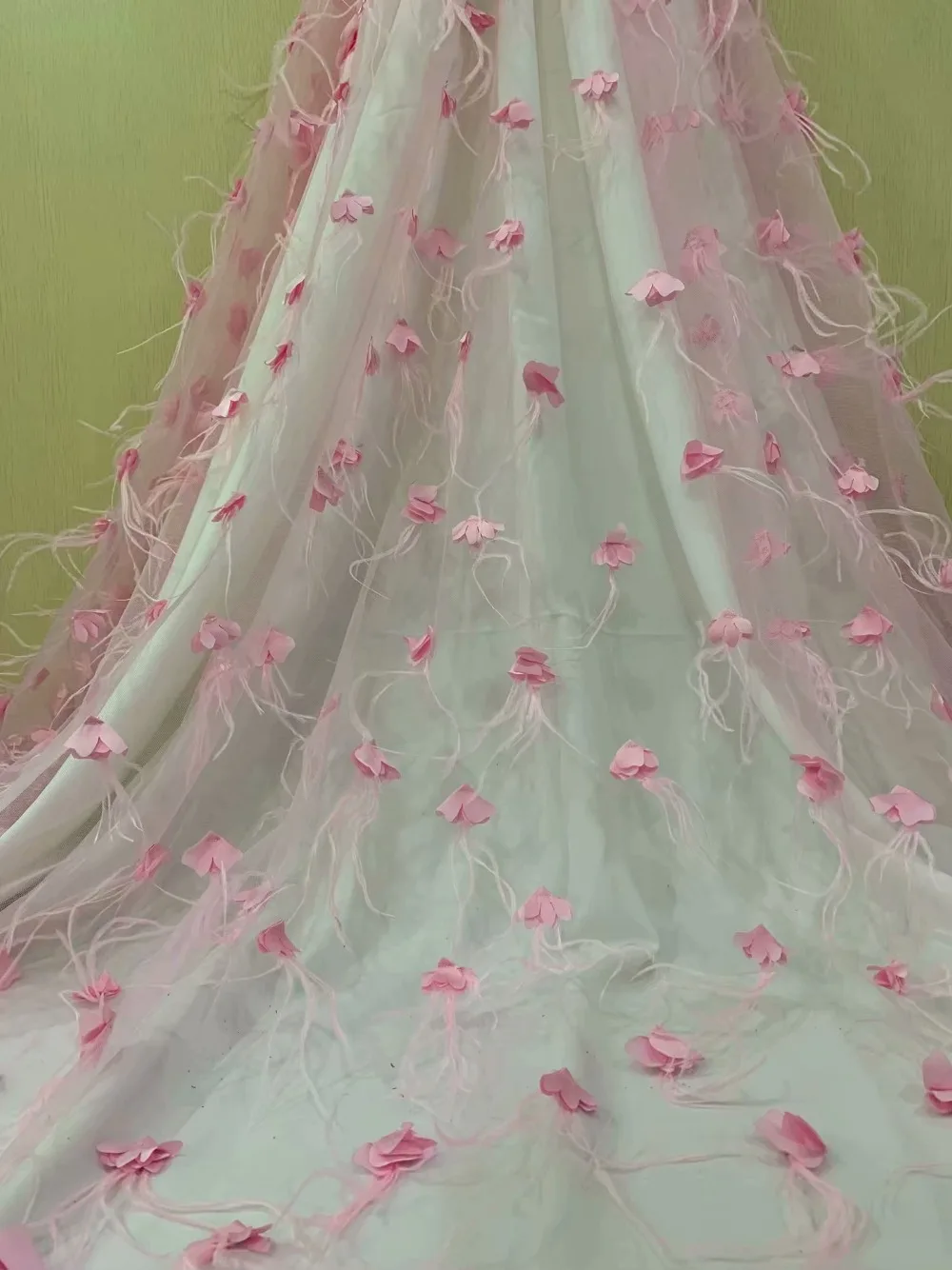 

hand sewing feather design beautiful french lace fabric with 3D flowers and feathers for wedding dress 5yards visano251