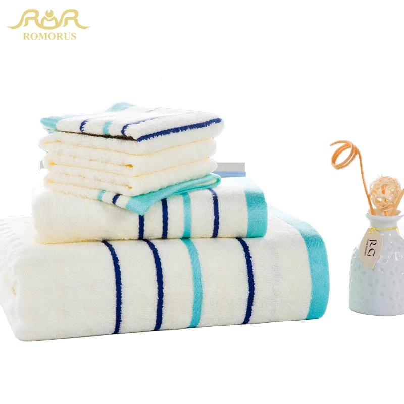 

ROMORUS 70% Bamboo Fiber and 30% Cotton Blue Stripes Summer Towel Set 1PC*70*140CM Bath Towel for Adults 2PC*33*70CM Face Towels