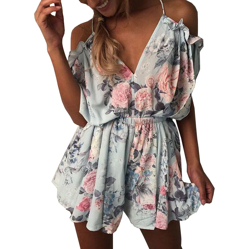 New Jumpsuit Hot Sell V-neck Flower Print Strapless Shorts Sleeve Elastic Waist Fashion Casual Jumpsuits Women Vestidos OYM0326 | Женская