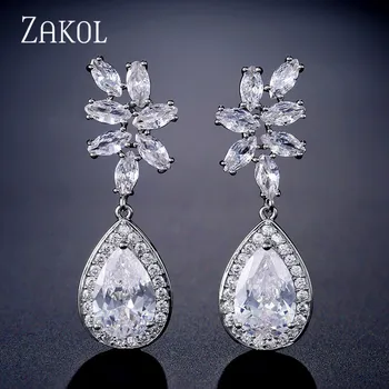 

ZAKOL Fashion CZ Zircon Leaf Dangle Earrings for Women White Gold Color Bridal Wedding Jewelry Gift brinco FSEP2247