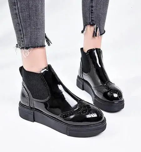 Skup 2019 kostki buty damskie wiosna jesień moda prosta wsuwana jasna skóra platforma bota feminina płaskie buty ze skórą