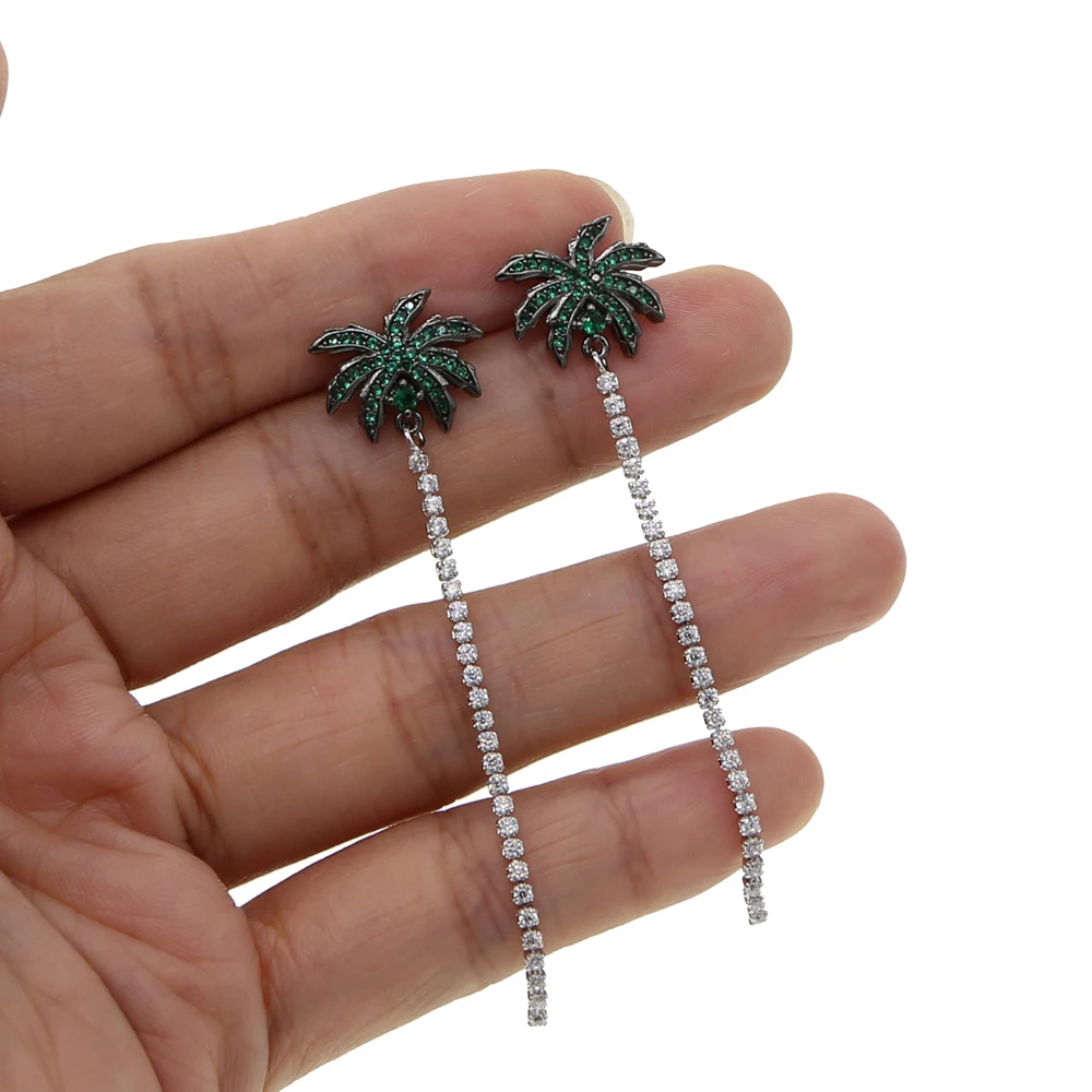 

Green cz paved tree charm earring with cz paved tennis chain dangle two tone fashion tassel earrings for women lady gift