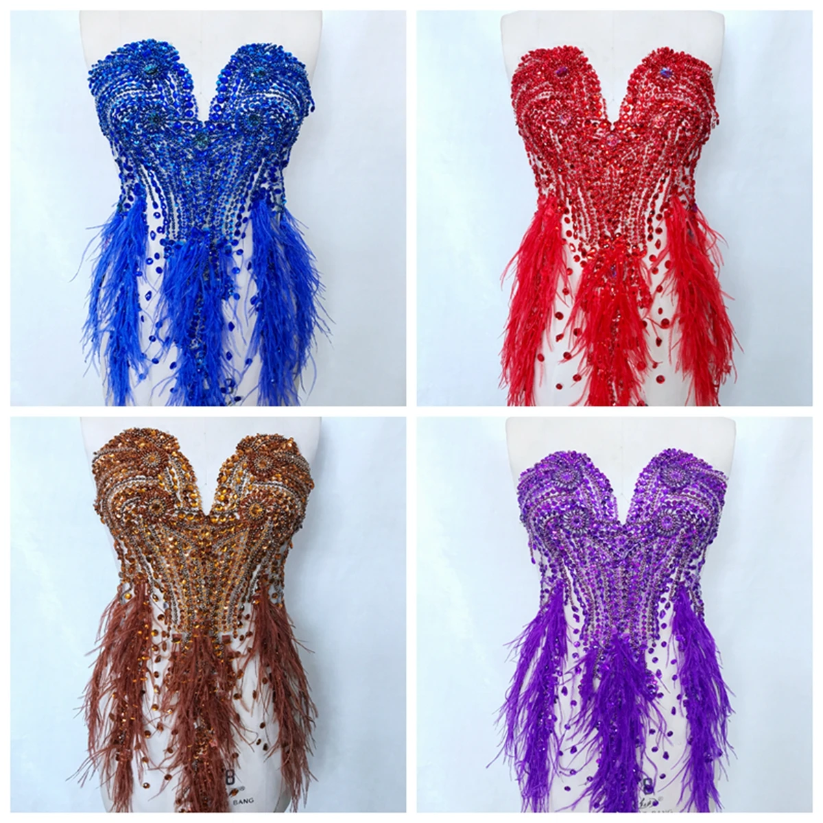 

Luxury Dress Applique Patch Handmade Feather Rhinestone Flower Sequins Decals Wedding Dress Decoration Accessories RS276