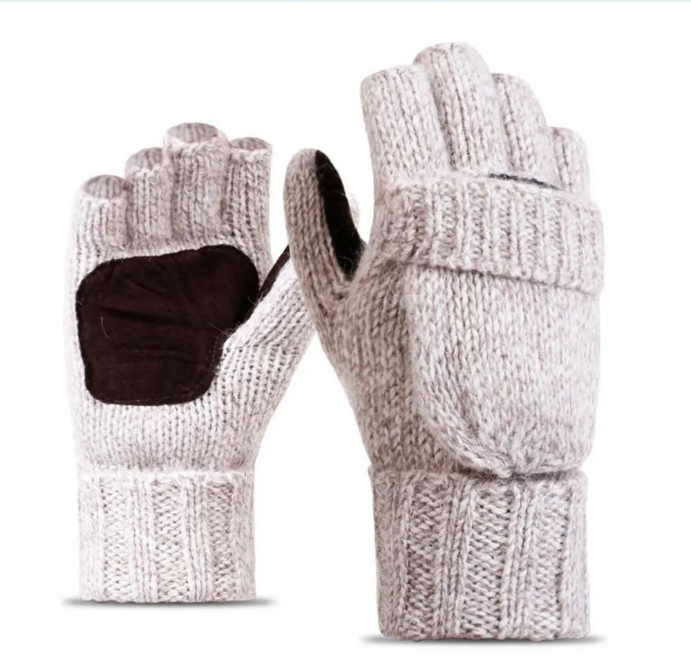 

Winter Warm Wool Knitted Convertible Suede Palm Thinsulate Gloves Mittens with Mitten Cover Warm Outdoor Riding Gloves