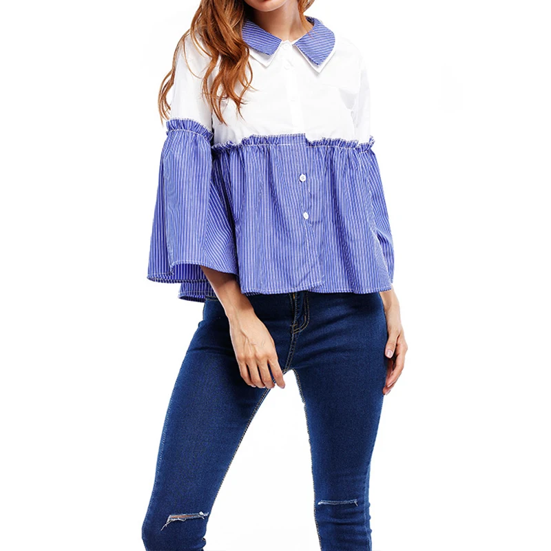 ZAN.STYLE Autumn Women Long Sleeve Color Patchwork Shirt