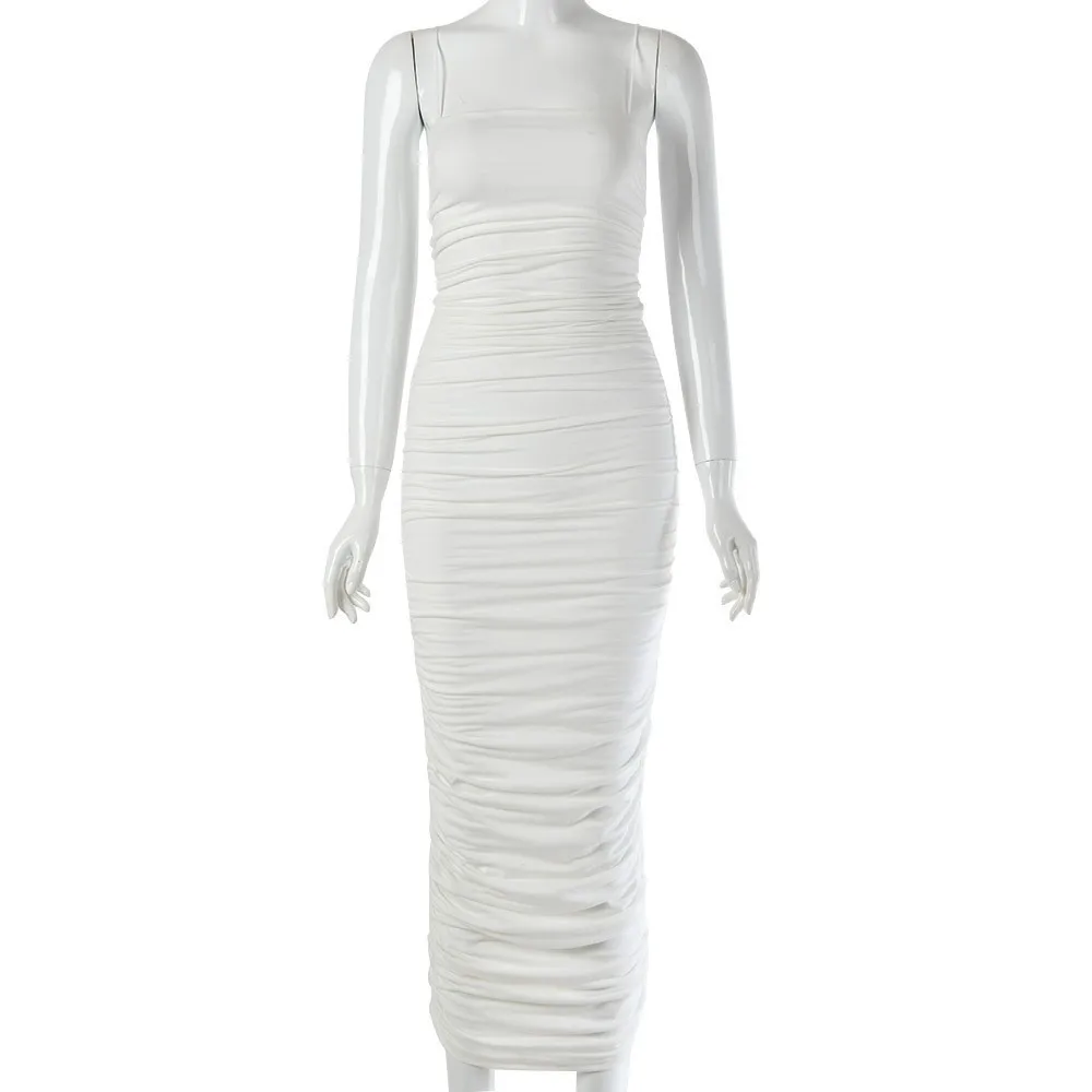 COKAGO, Элегантное летнее платье с рюшами, женское сексуальное облегающее платье, без бретелек, с открытой спиной, на молнии, платья миди, вечерние платья - Цвет: Белый