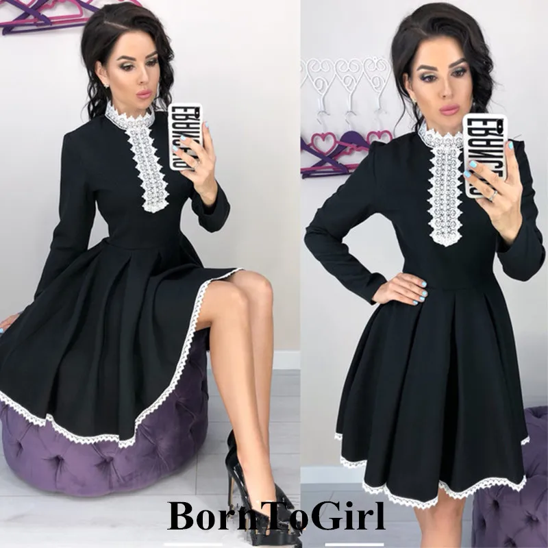

BornToGirl Women Elegant Sexy Lace Dress Autumn Winter Female Vintage Black White Sexy Dress robe hiver 2018 femme