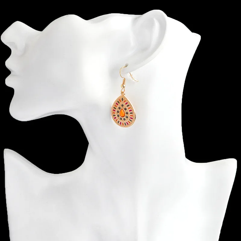 

8Seasons Fashion Drop Earrings Gold Color Hook Setting Orange Red Green Oval Pattern Water Drop Pendant Trendy Earrings,1 Pair