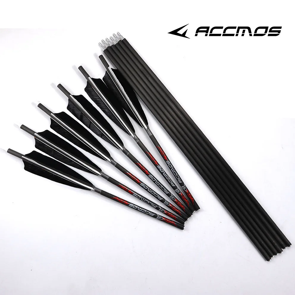 

6pc 31inch Carbon Arrow Spine 200 300 400 500 600 700 800 ID 6.2 mm With 5 inch Real Feather Take Down Arrows