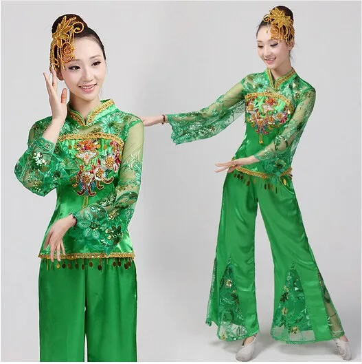 Chinese traditional costumes yangko waist drum fan dance clothing group dance stage performance classical dance costume