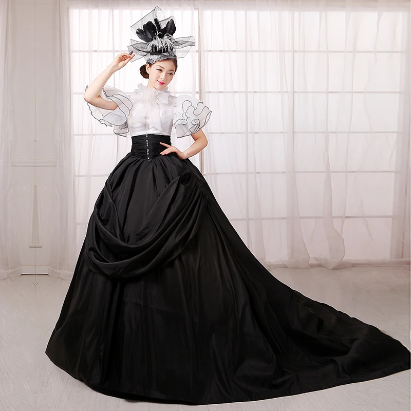 

Victorian dress Black/White Short Sleeve Medieval Renaissance European royal Court Party Long Train Dress Stage dress