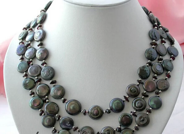 

FREE SHIPPING 002470 NICE 3row 14mm black coin freshwater pearl crystal necklace