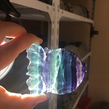 

Cute good Natural Rainbow Fluorite Quartz Crystal Carving Fish Reiki For Sale WQ