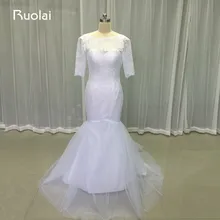 Real Picture Simple Design Half Sleeves Scoop Mermaid White Wedding Dresses 2017 Tulle Lace Bridal Gown Vestido de Novia FW68