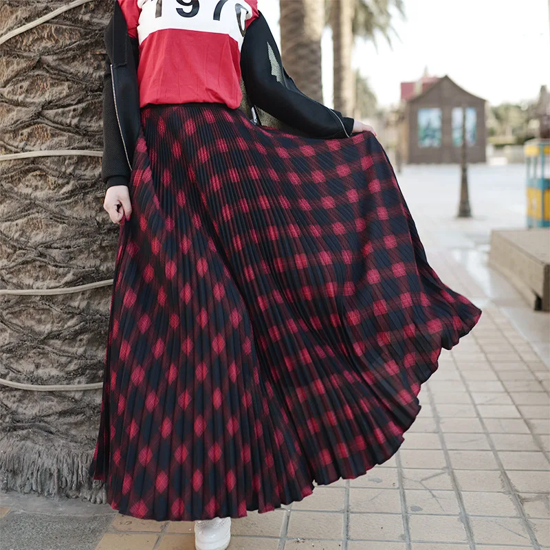 Linha de Cintura Mulher Saia Xadrez Primavera Verão Uma Alta Longo Plissado Maxi Saias Femme