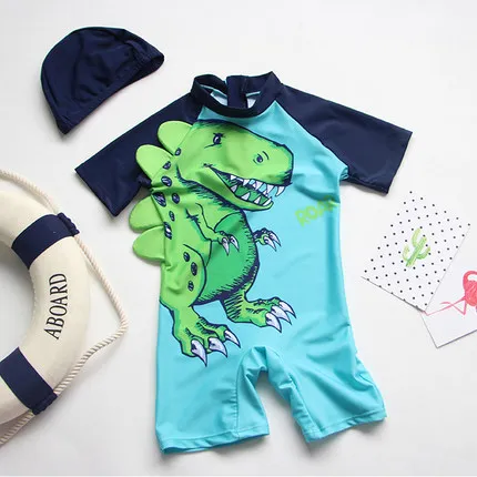 الطفل الصبي ملابس السباحة + قبعة 2 قطعة مجموعة تصفح ارتداء الأخضر ديناصور لباس سباحة الرضع طفل أطفال الأطفال واقية من الشمس الشاطئ الاستحمام