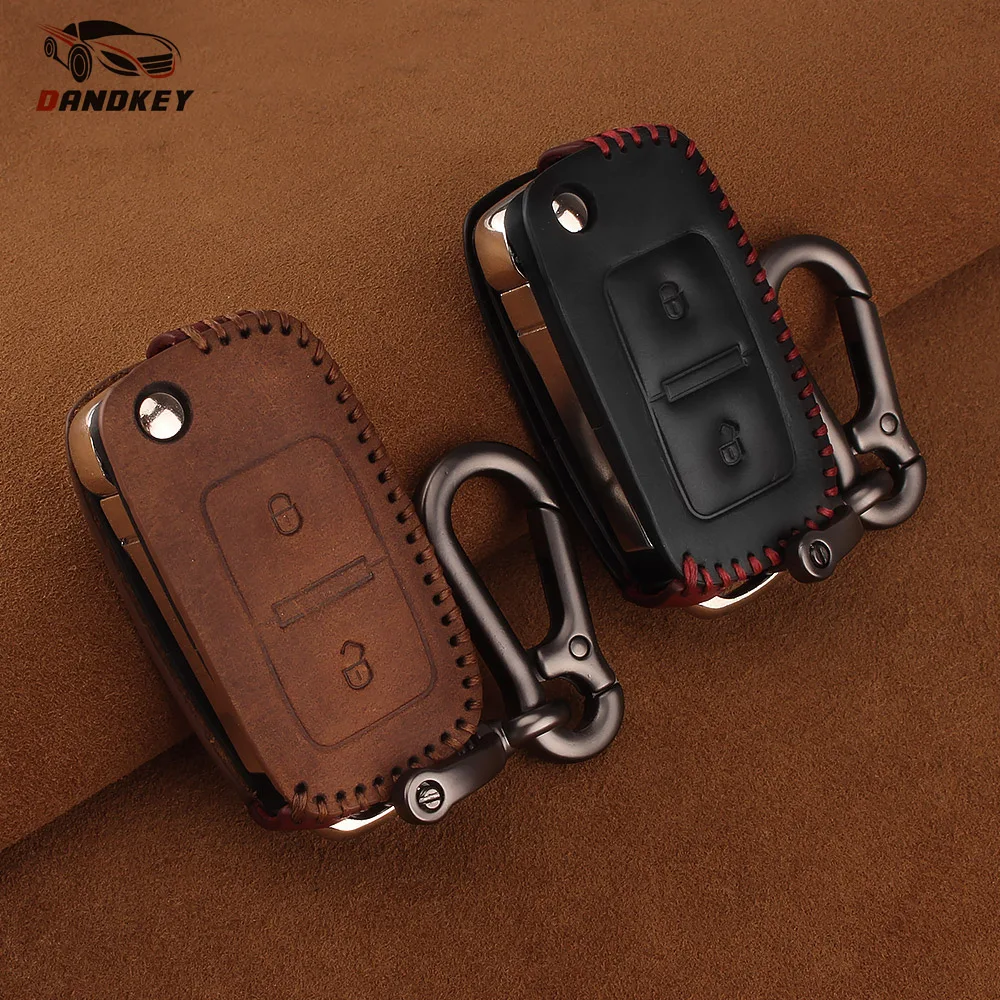 

Dandkey 100% Leather Car Key Cover For Volkswagen VW Amarok Polo Golf MK4 MK5 Bora Jetta Skoda Seat Altea Alhambra Fob 2 Buttons