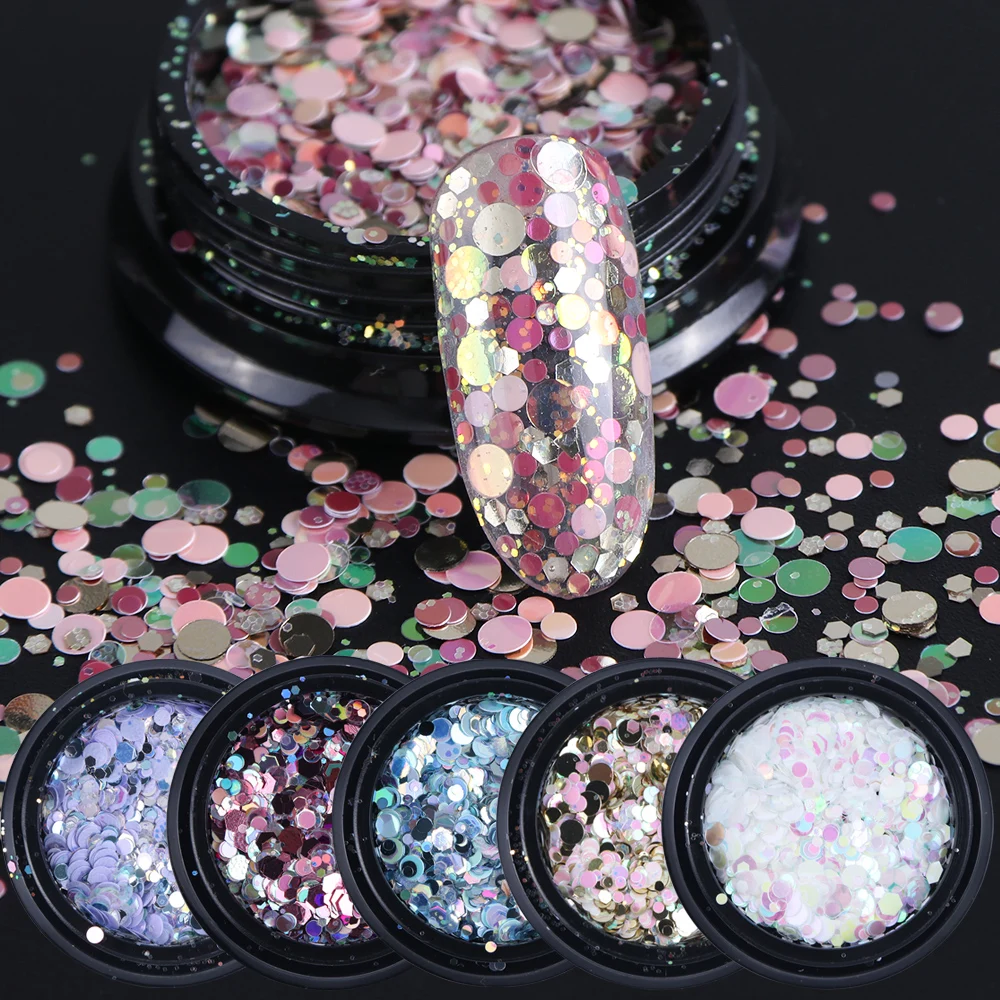 

1Box Mixed Round Hexagon Nail Glitter Powder Dust Mermaid Flakes 3D Ultrathin Sequins Shining Paillette Nail Art Decor JIPX01-12