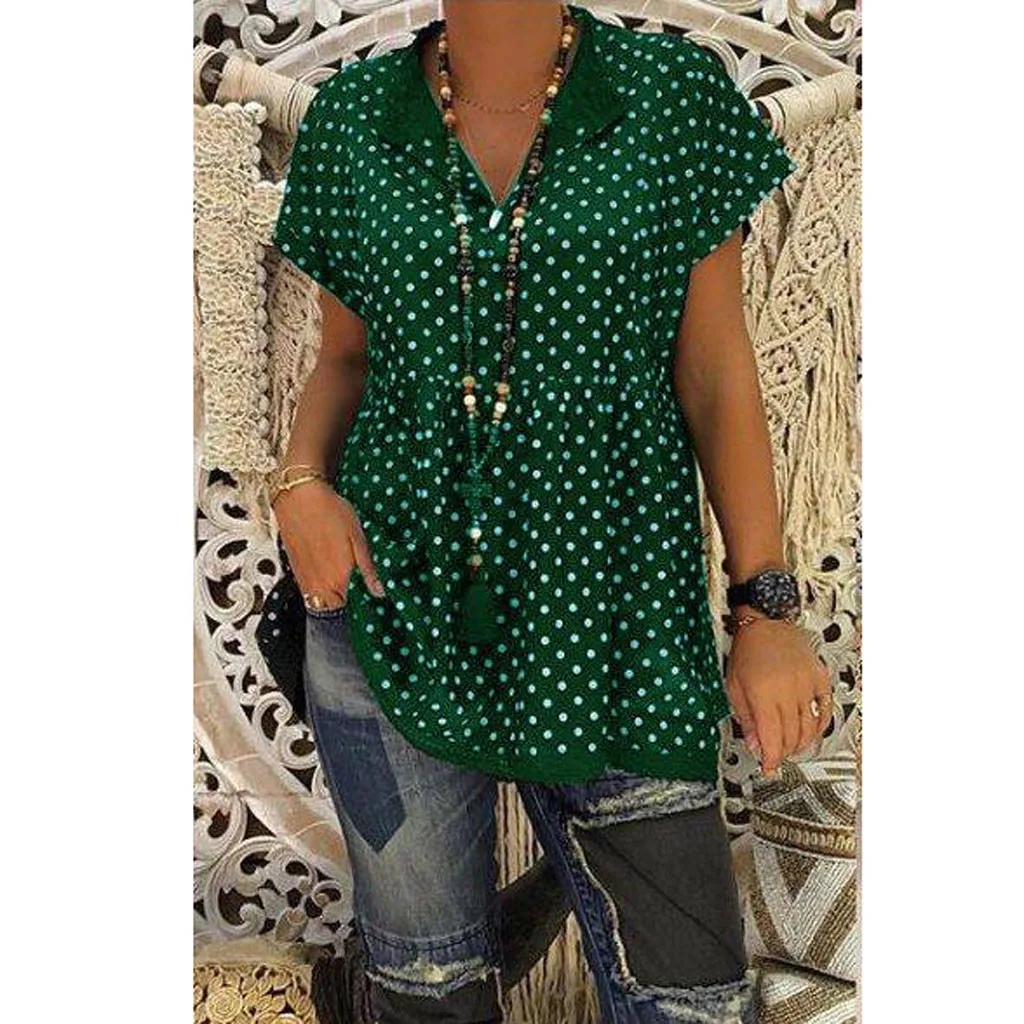 

Blouse Women Casual V Neck Short Sleeve Polka Dot Print Shirts Green Women Tops and Blouses Boho Vintage Streetwear Blouses Plus