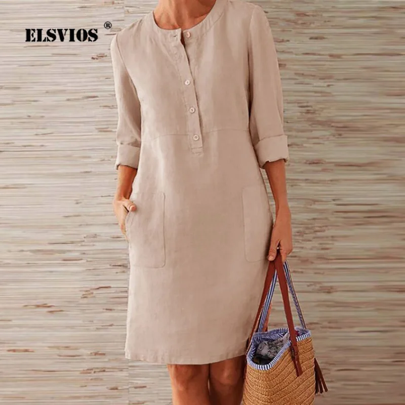 ELSVIOS 5XL Осенняя футболка с длинными рукавами из хлопка и льна платье для женщин