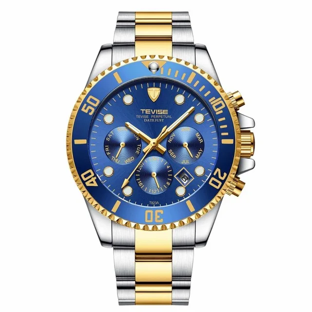 Топ люксовый бренд TEVISE Мужские автоматические механические часы полностью стальные военные бизнес Mristwatch мужские часы Relogio Masculino - Цвет: gold blue