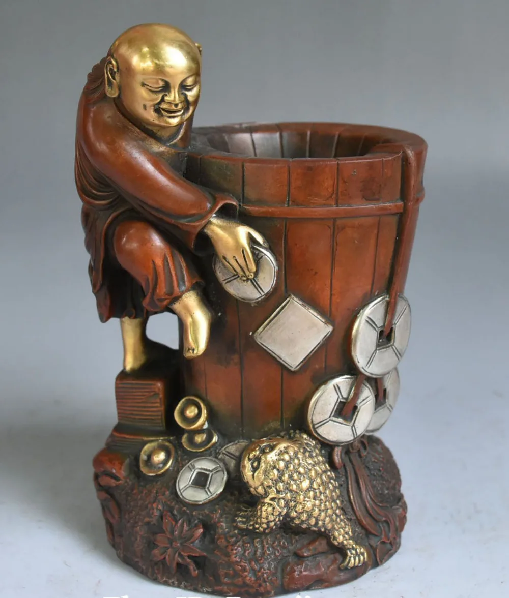 

7" Purple Bronze Gold Gild Golden Toad Liu Hai God Brush Pot pencil Holder vase