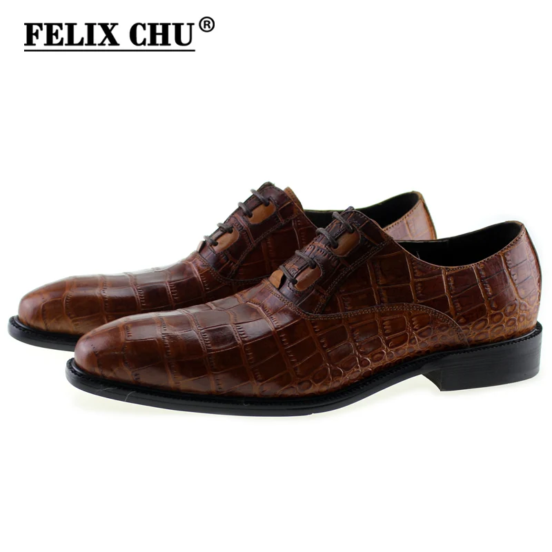 melhor FELIX CHU Novo Moderno Italiano Homens Sapatos Oxford Formais Genuíno Couro De Crocodilo Impressão Verde Marrom Rendas Até Vestido dos homens calçado