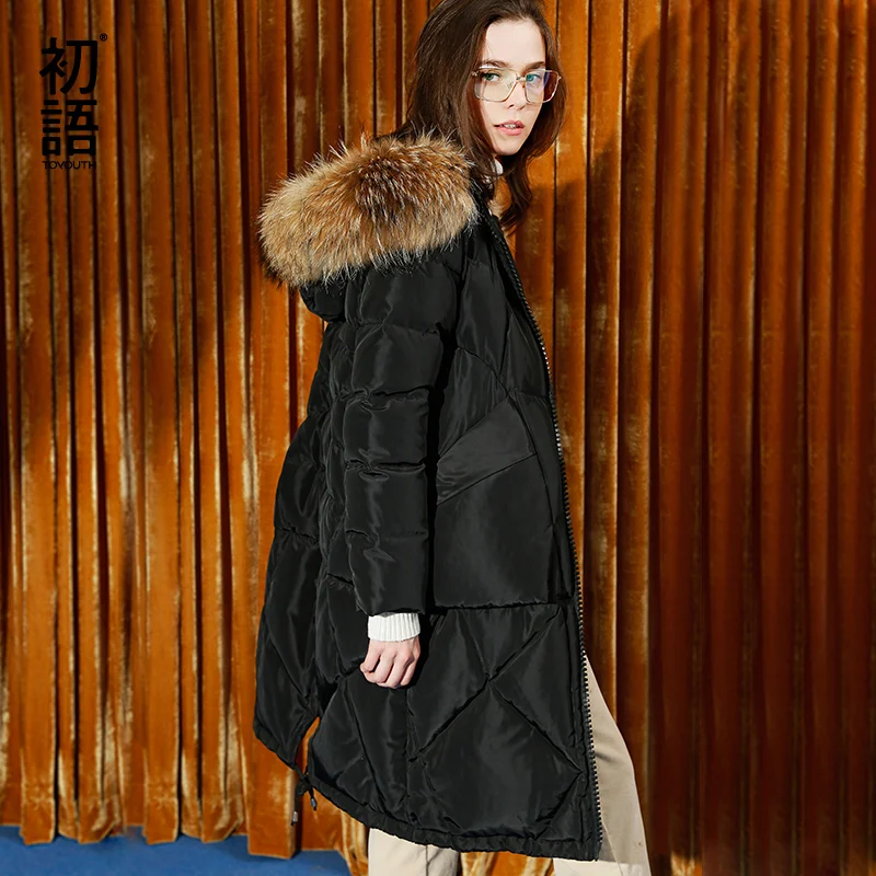 Kopen Toyouth Vintage Bontkraag Dikker Lange Down Parka Jassen Fashion Solid Warm Winter Overjas Hooded Lange Jas