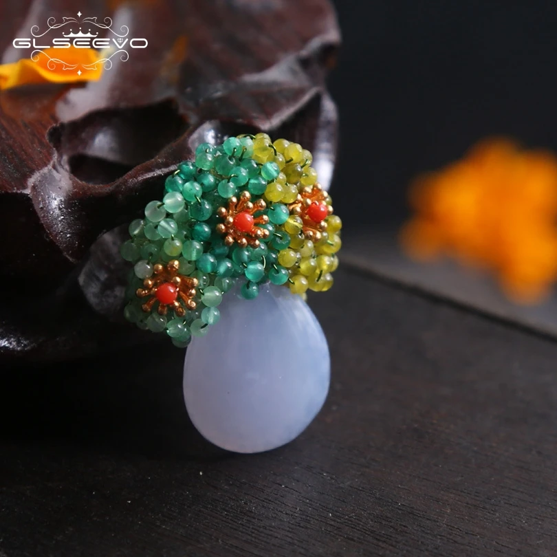 

GLSEEVO Natural Jade Blue Chalcedon Brooch Pins And Brooches For Women Dual Use Luxury Fine Jewelry Broche Femme Bijoux GO0144
