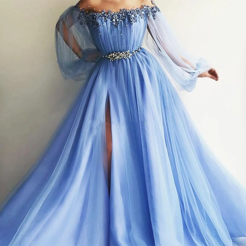 Off The Shoulder Evening Dresses Puff Sleeves Appliques Beaded Tulle Satin Split Side Floor Length Light Blue Prom Dresses