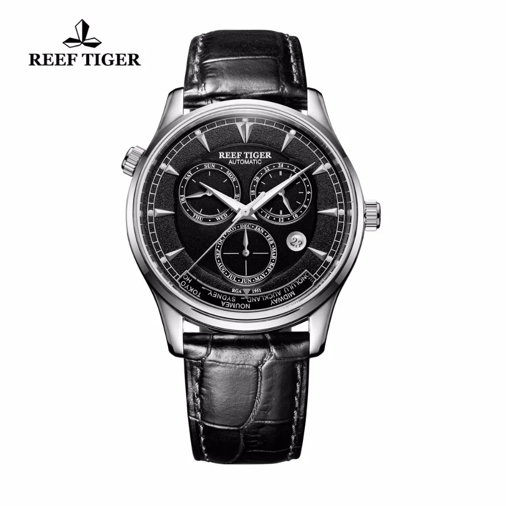 Reef Tiger/RT автоматические часы для мужчин месяц Дата День мировое время стальной кожаный ремешок часы RGA1951
