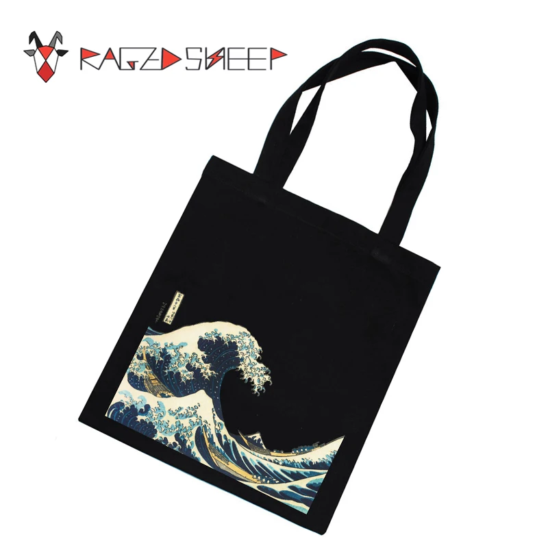 Raged Sheep Fashion Cotton Grocery Tote Shopping Bags Folding Shopping Cart Eco Grab Reusable Bag With Sea Wave Print Raged Sheep Fashion Cotton Grocery Tote Shopping Bags Folding Shopping Cart Eco Grab Reusable Bag With Sea Wave Print