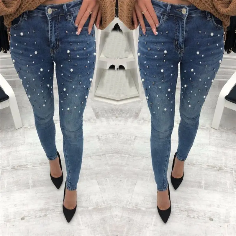 

Jeans For Women High Waist Pearled Slim Denim Pants Stretch Beading Jeans Washed Denim Skinny Pencil Pants Female