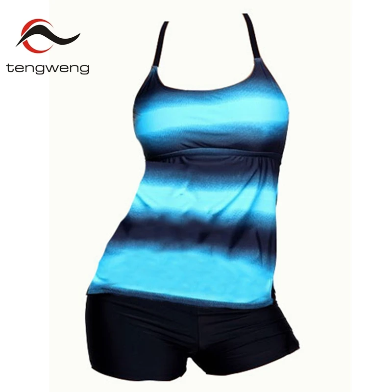 

Tengweng 2018 New Blue Gradient women Tankini swimwear Plus size bikini Push up Sports Swimsuit Shorts Female Bathing suit 5XL